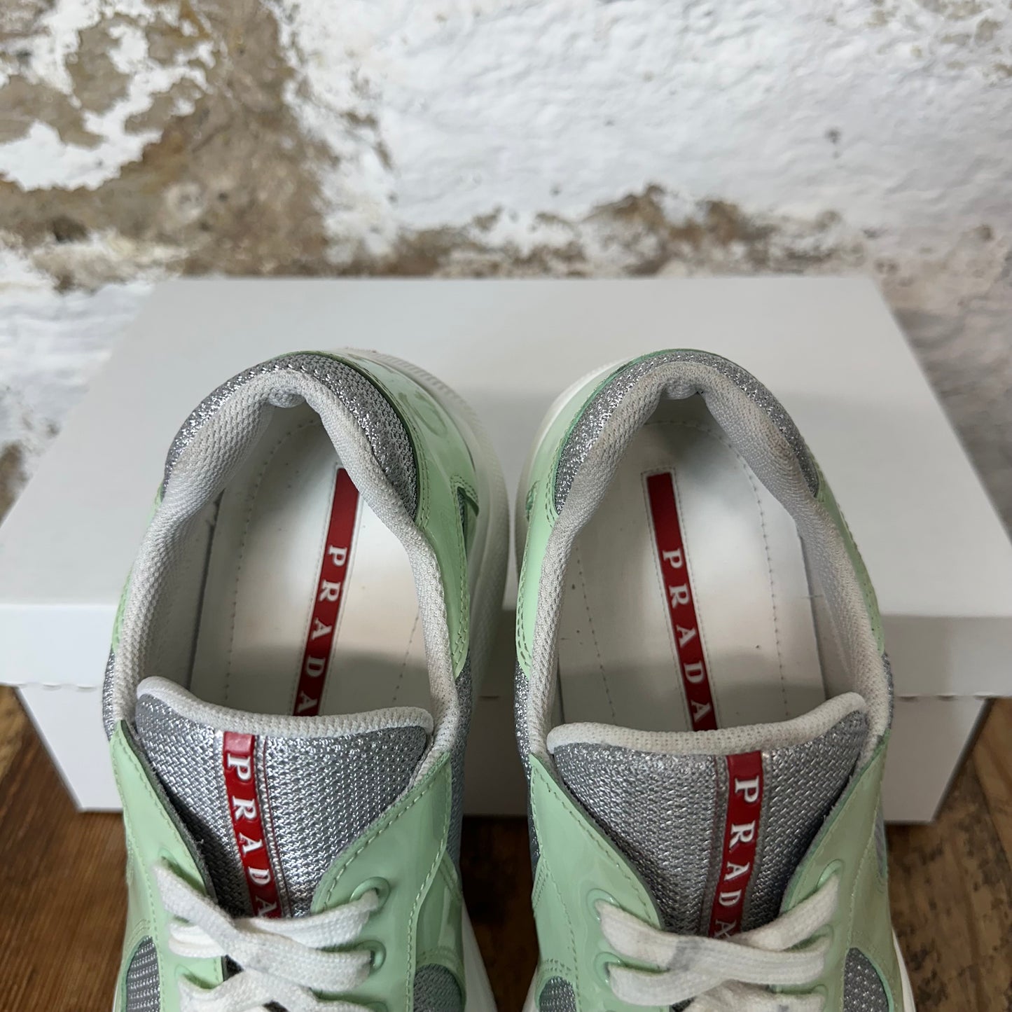 Prada Americas Cup Mint Patent White Sneaker Sz 8.5 No Box