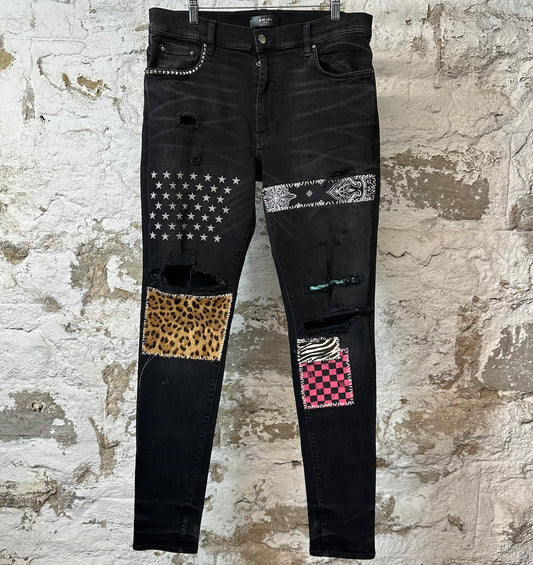 Amiri Animal Print Black Denim Jeans Sz 36