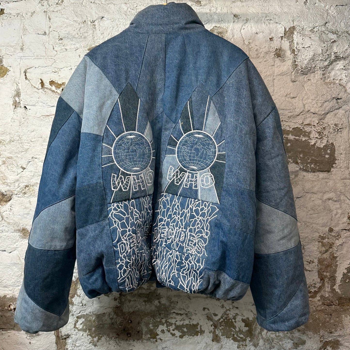 Who Decides War Stained Glass Blue Denim Puffer Jacket Sz XL