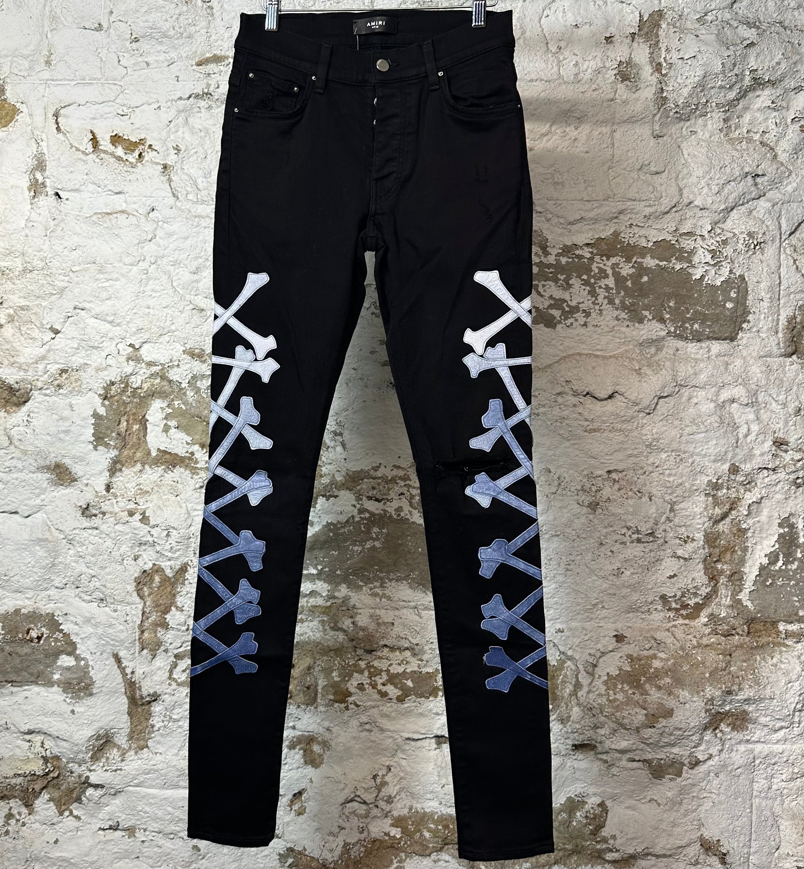 Amiri Knee Rip Blue Gradient Bones Black Denim Jeans Sz 28