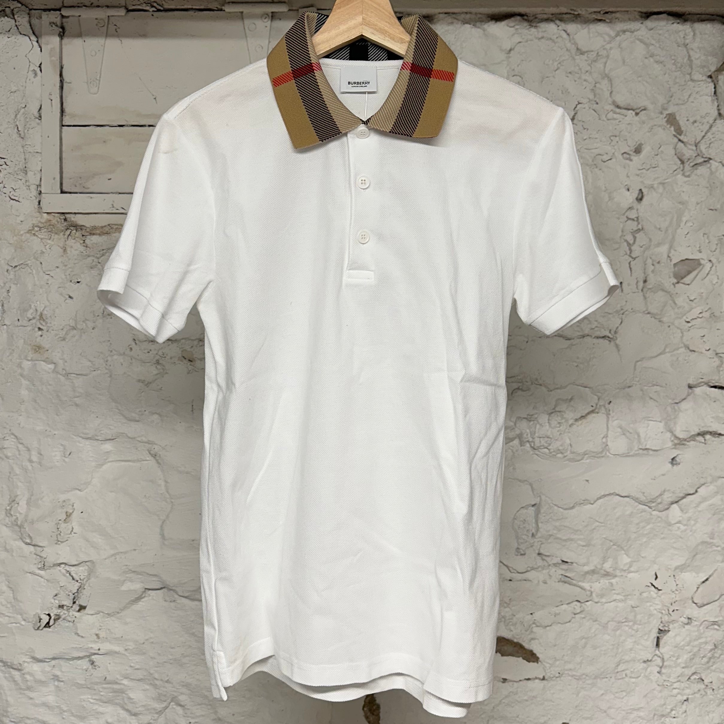 Burberry Plaid Collar White Polo Sz S
