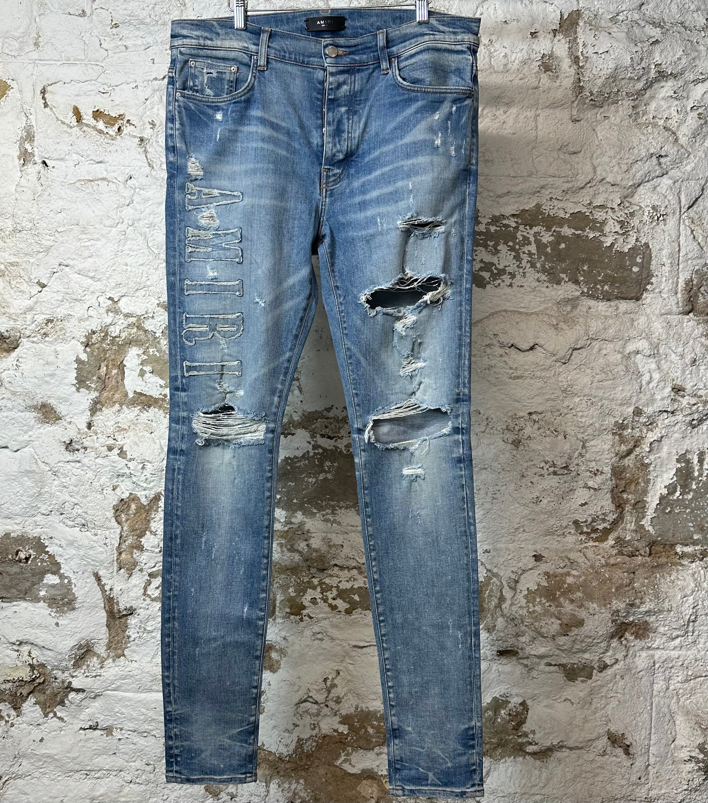 Amiri Distressed Side Spell Blue Denim Jeans Sz 36