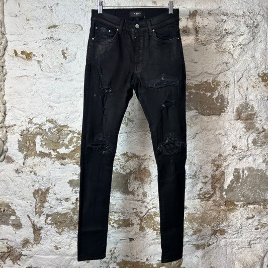 Amiri MX1 Black Leather Black Waxed Denim Jeans Sz 28