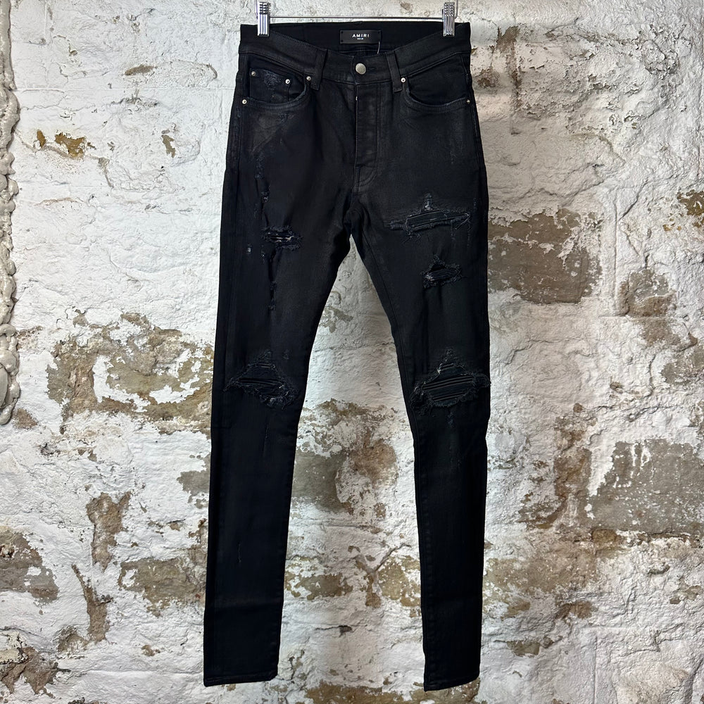Amiri MX1 Black Leather Black Waxed Denim Jeans Sz 28