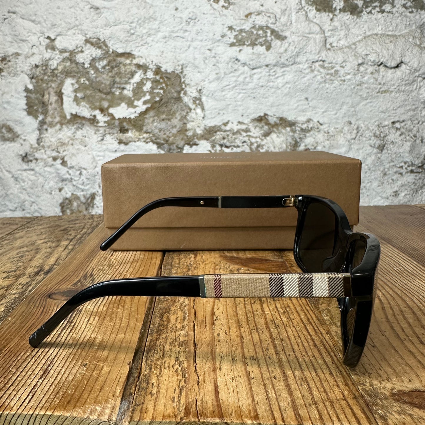 Burberry Black Tan Plaid Sunglasses W/ Box