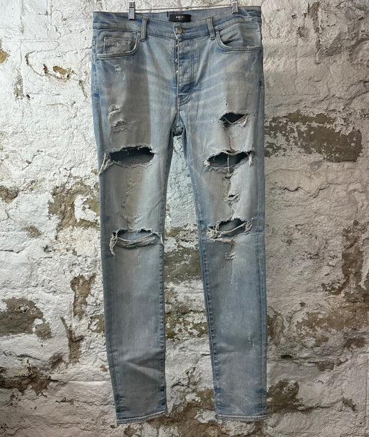 Amiri Plain Blue Distressed Denim Jeans Sz 34