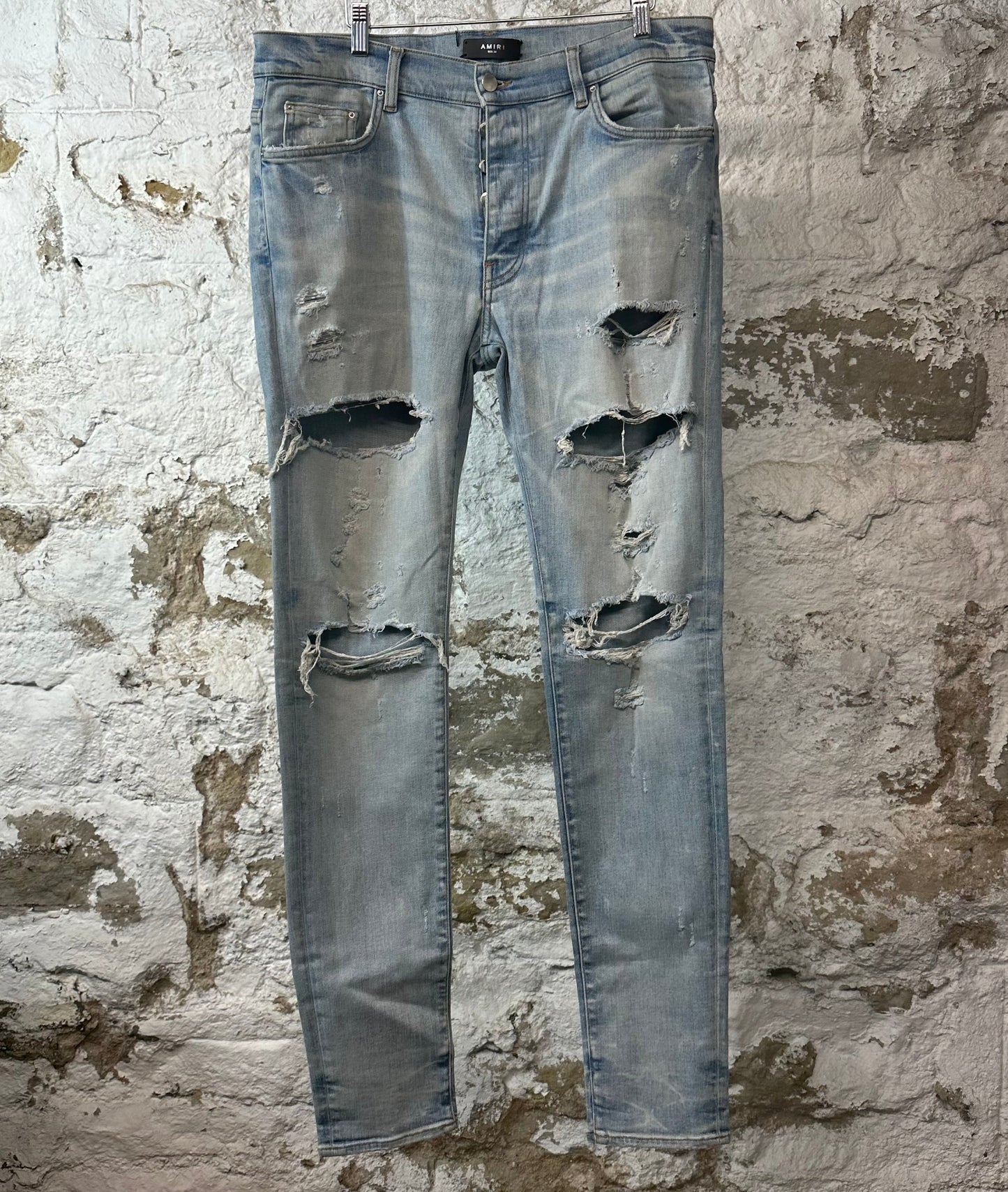 Amiri Plain Blue Distressed Denim Jeans Sz 34