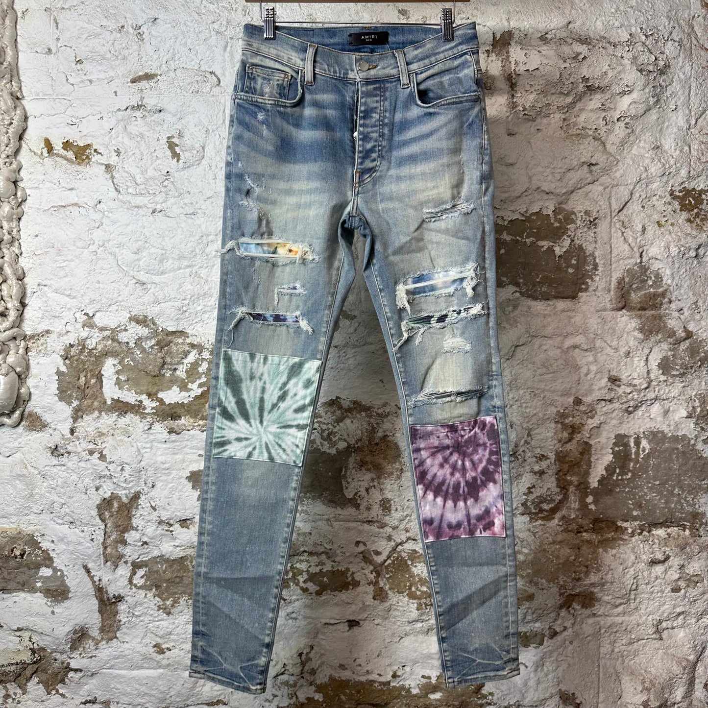 Amiri MX1 Multicolor Paisley Patches Blue Denim Jeans Sz 31
