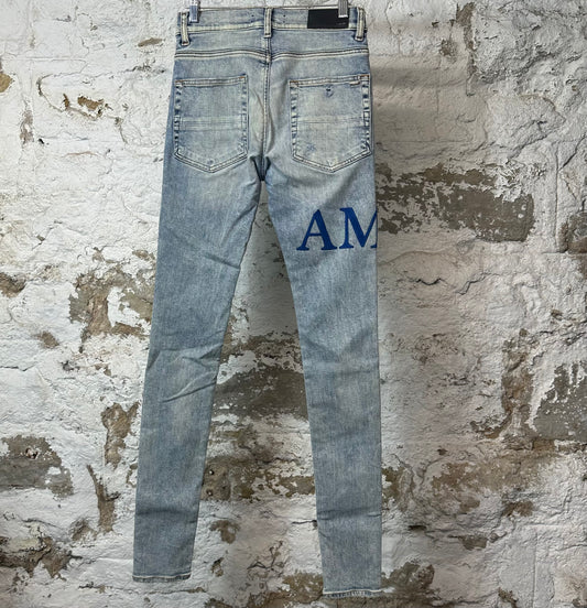 Amiri MX1 Blue Suede Spell Washed Blue Denim Jeans Sz 28
