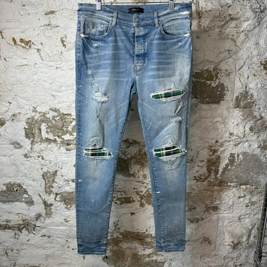 Amiri MX1 Green Plaid Flannel Blue Denim Jeans Sz 36