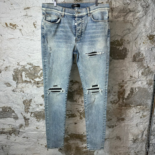 Amiri MX1 Black Leather Washed Blue Denim Jeans Sz 36