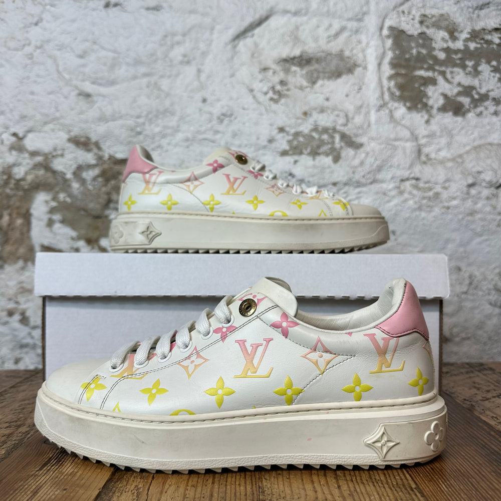 Louis Vuitton Pink Yellow Monongram Time Out White Sneaker Sz 6 (38)