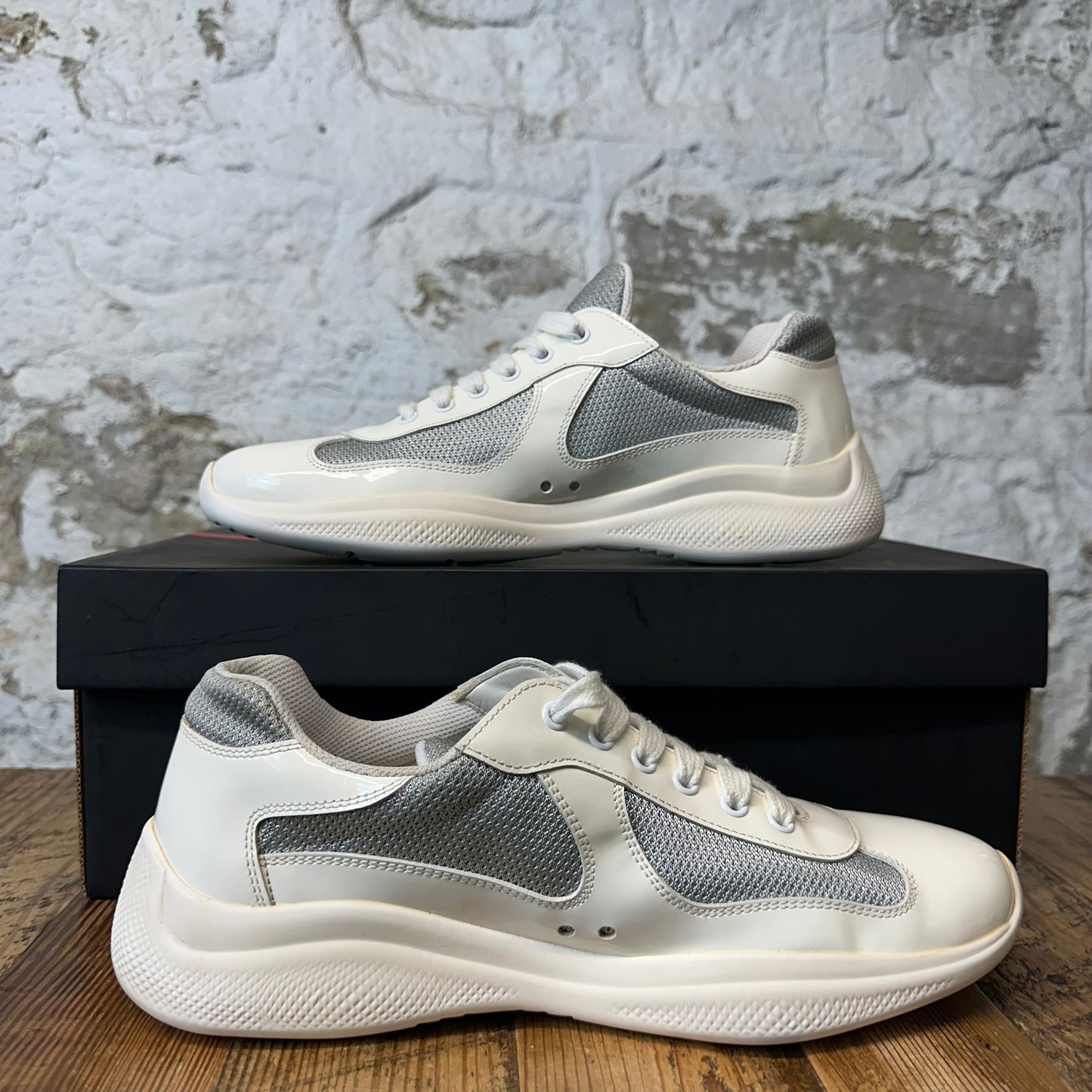 Prada Americas Cup White Patent Grey Sneaker Sz 7