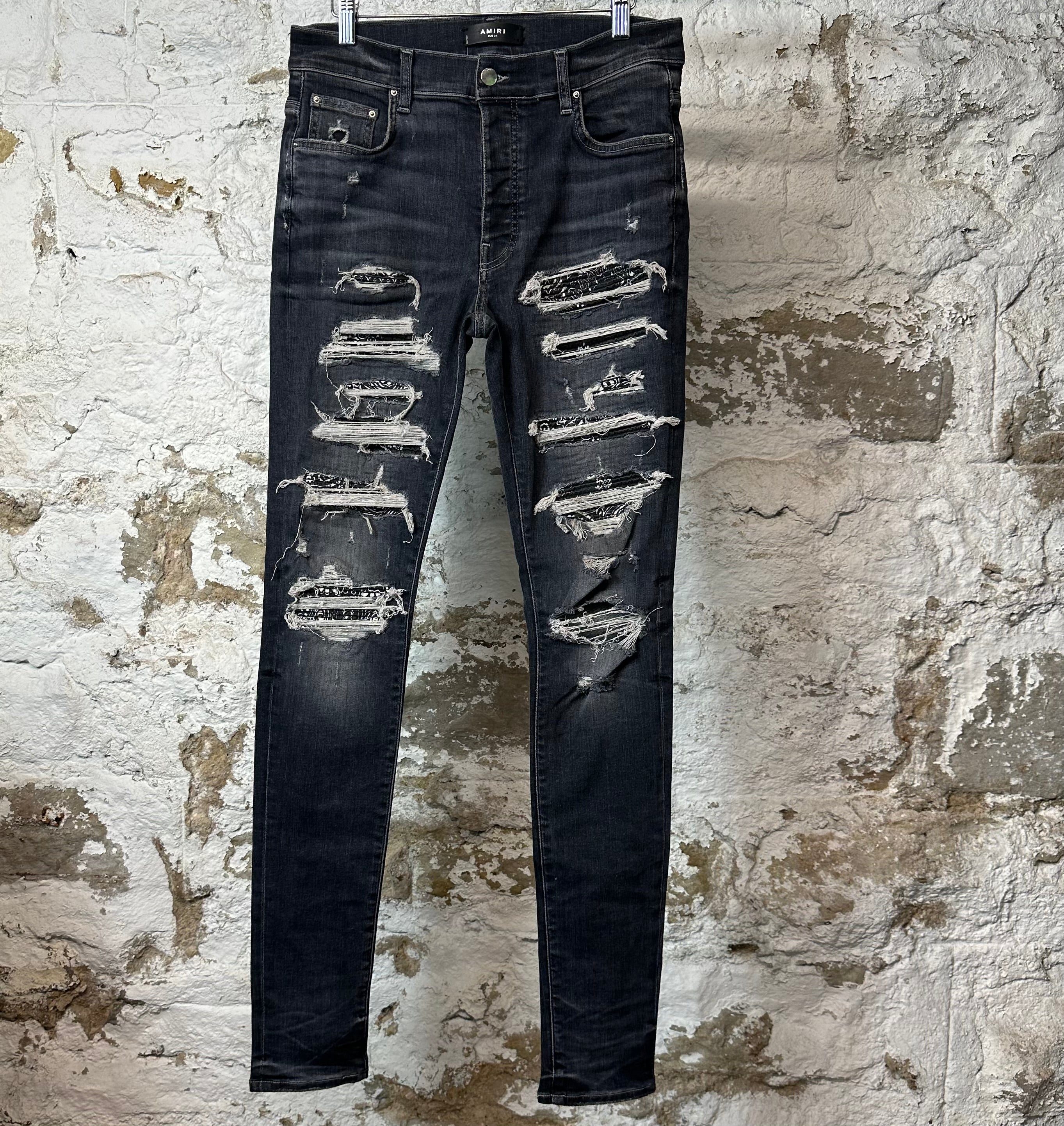 Amiri MX1 Black Paisley Grey Denim Jeans Sz 31