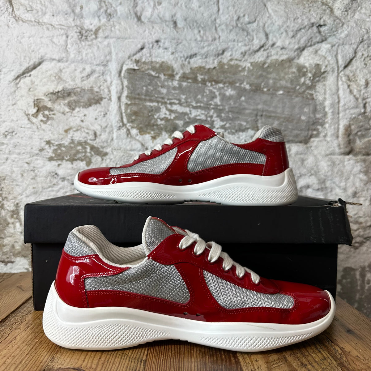 Prada Americas Cup Red Patent Grey White Sneaker Sz 8