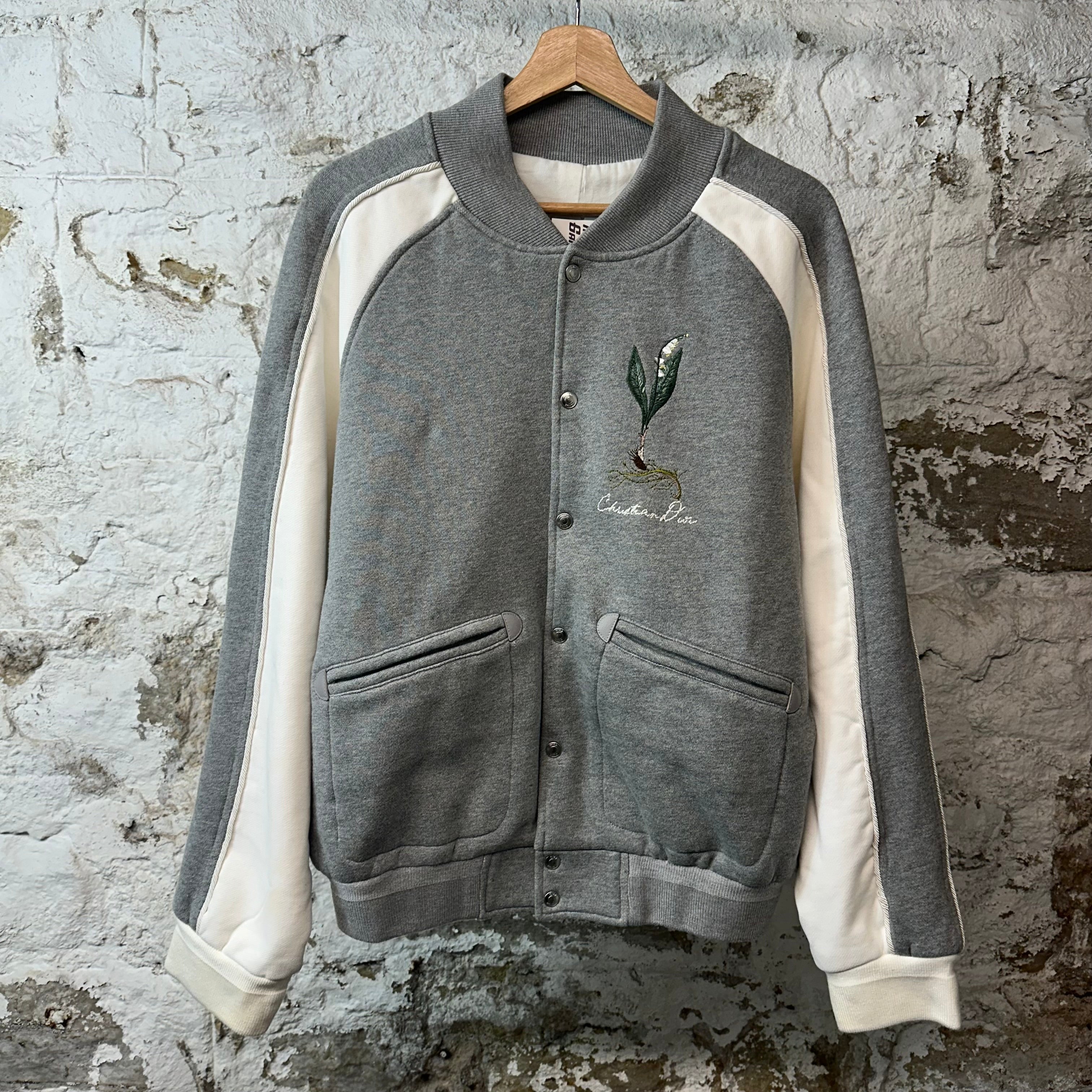 Dior Lilly Of The Valley Gray White Varsity Jacket Sz M