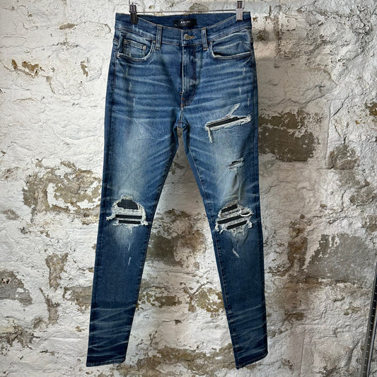 Amiri MX1 Black Leather Dark Blue Denim Jeans Sz 31
