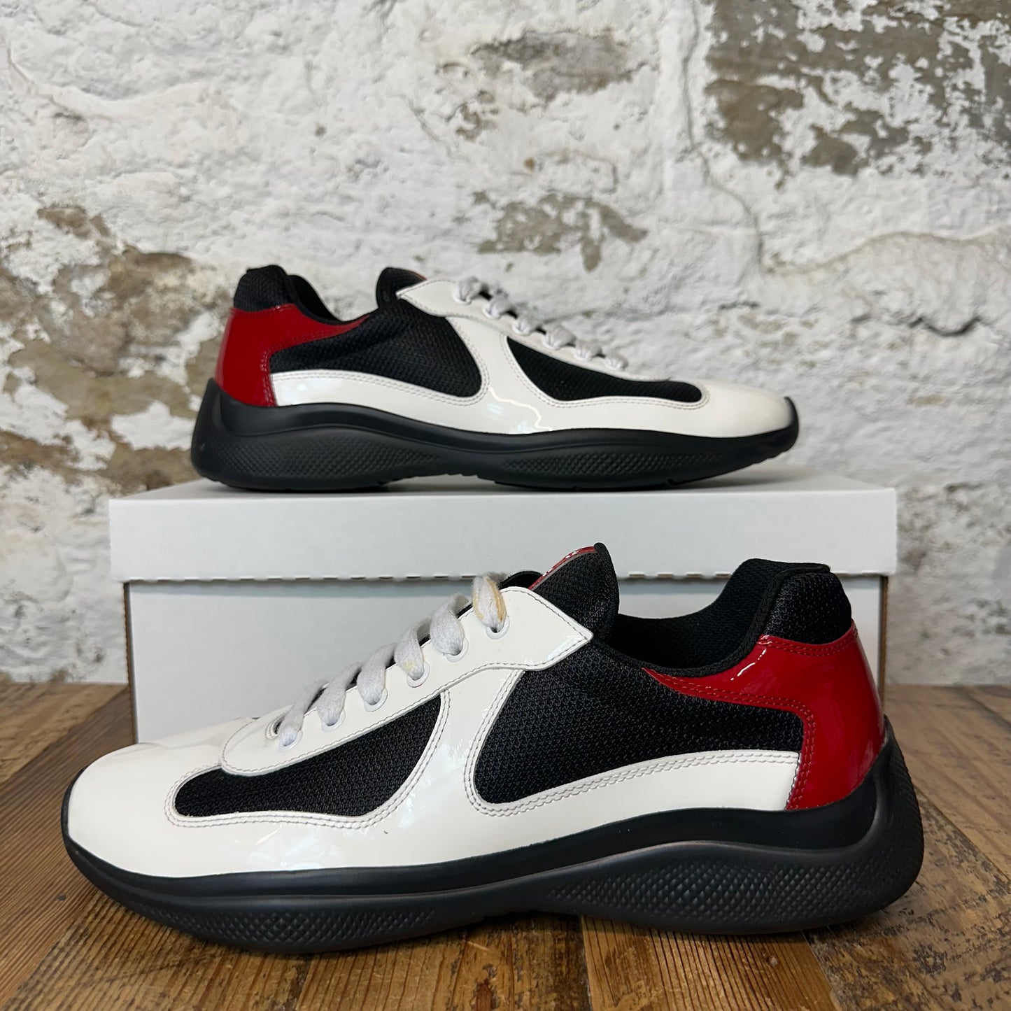Prada Americas Cup White Patent Red Black Sneaker Sz 8 No Box