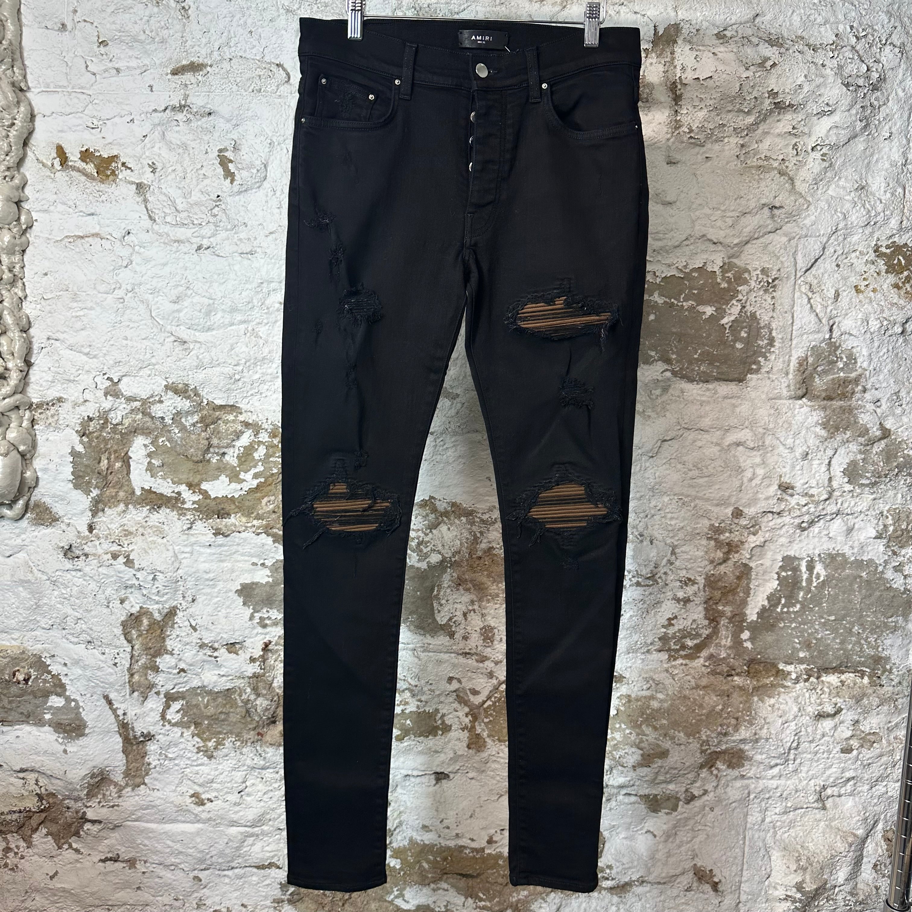 Amiri MX1 Brown Suede Black Denim Jeans Sz 32
