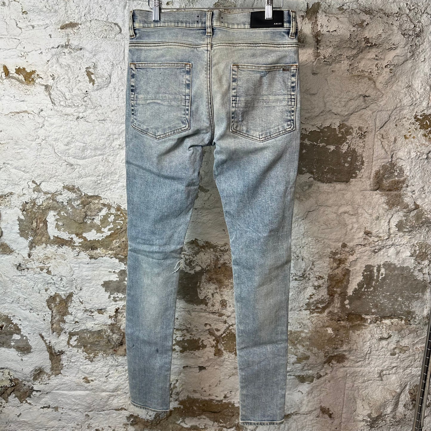 Amiri MX1 Black Leather Washed Blue Denim Jeans Sz 31