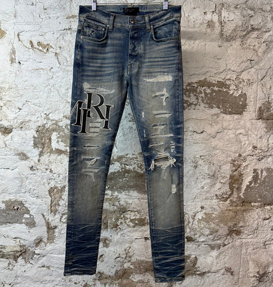 Amiri Leather Stagger Logo Distressed Blue Denim Jeans Sz 30