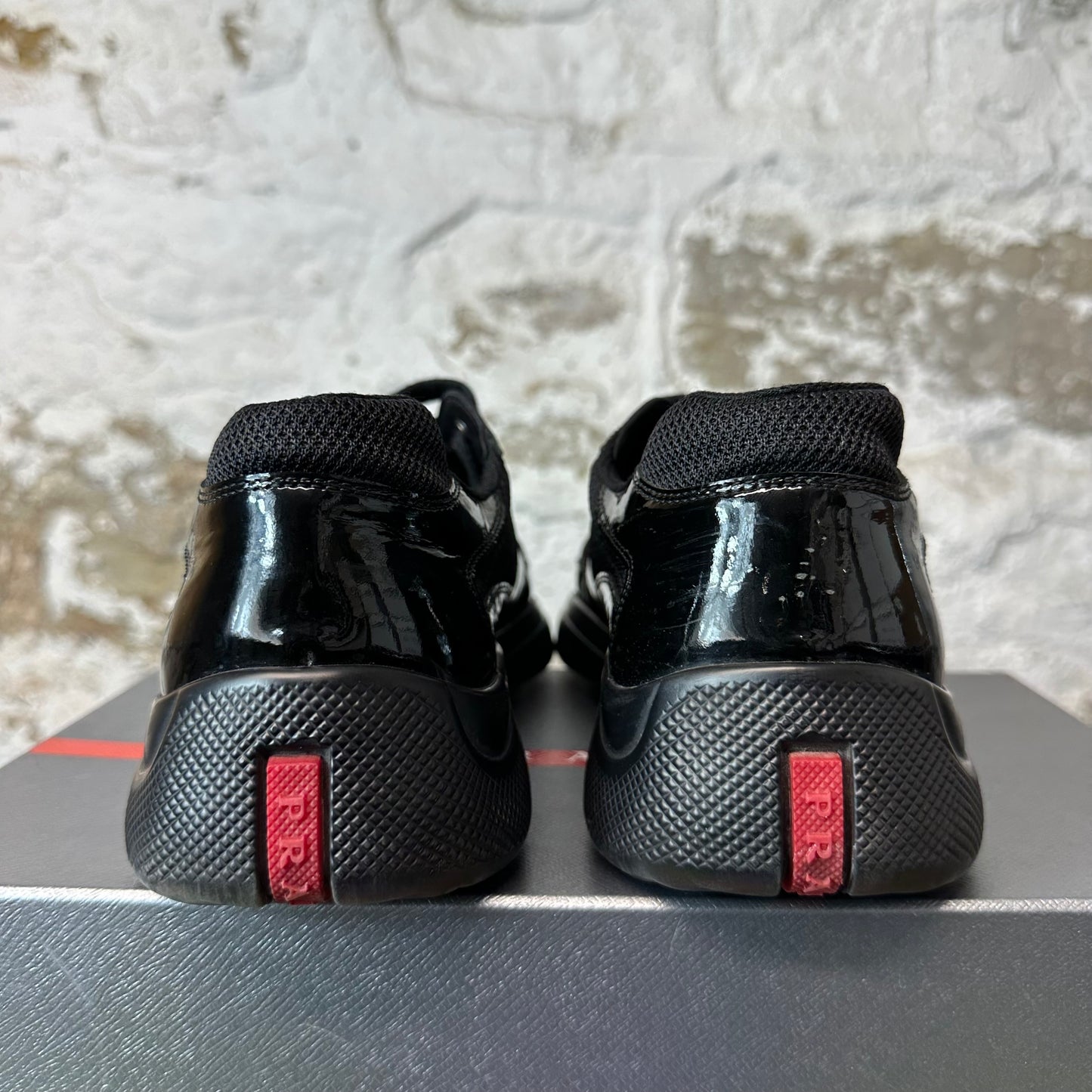 Prada Americas Cup Triple Black Patent Sneaker Sz 9