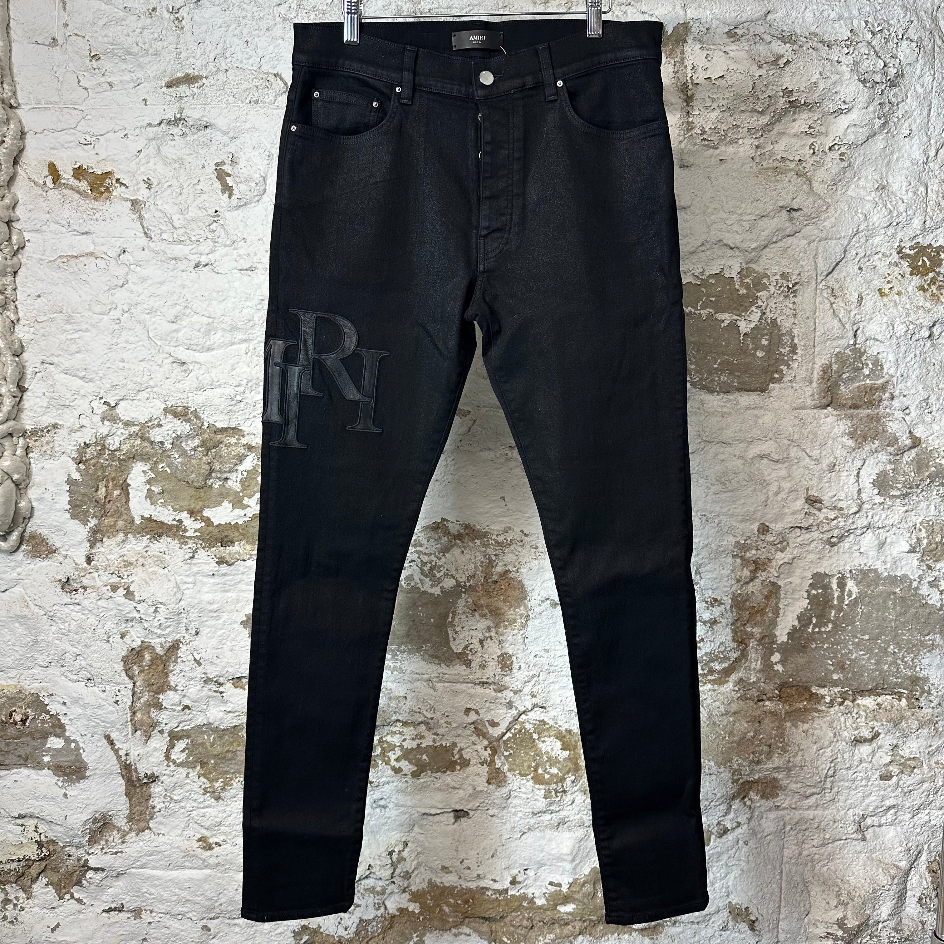 Amiri Leather Stagger Spell Waxed Black Denim Jeans Sz 34