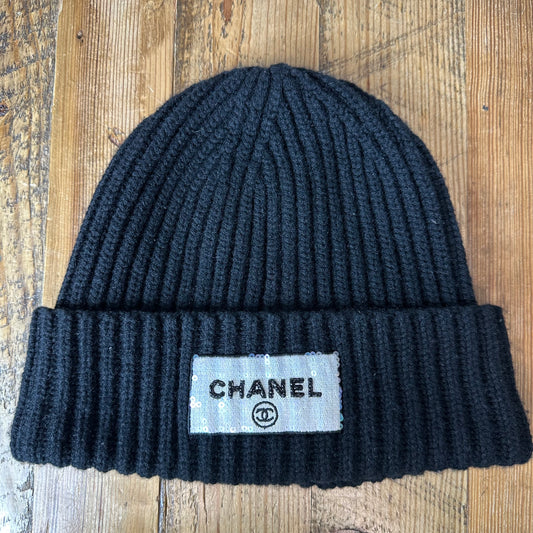 Chanel Sequen Logo Cashmere Black Beanie