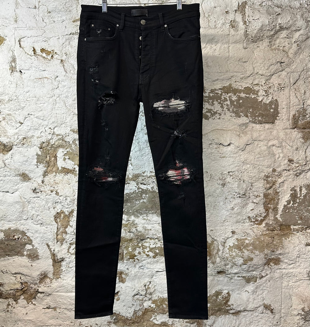 Amiri MX1 Red White Acid Black Denim Jeans Sz 34