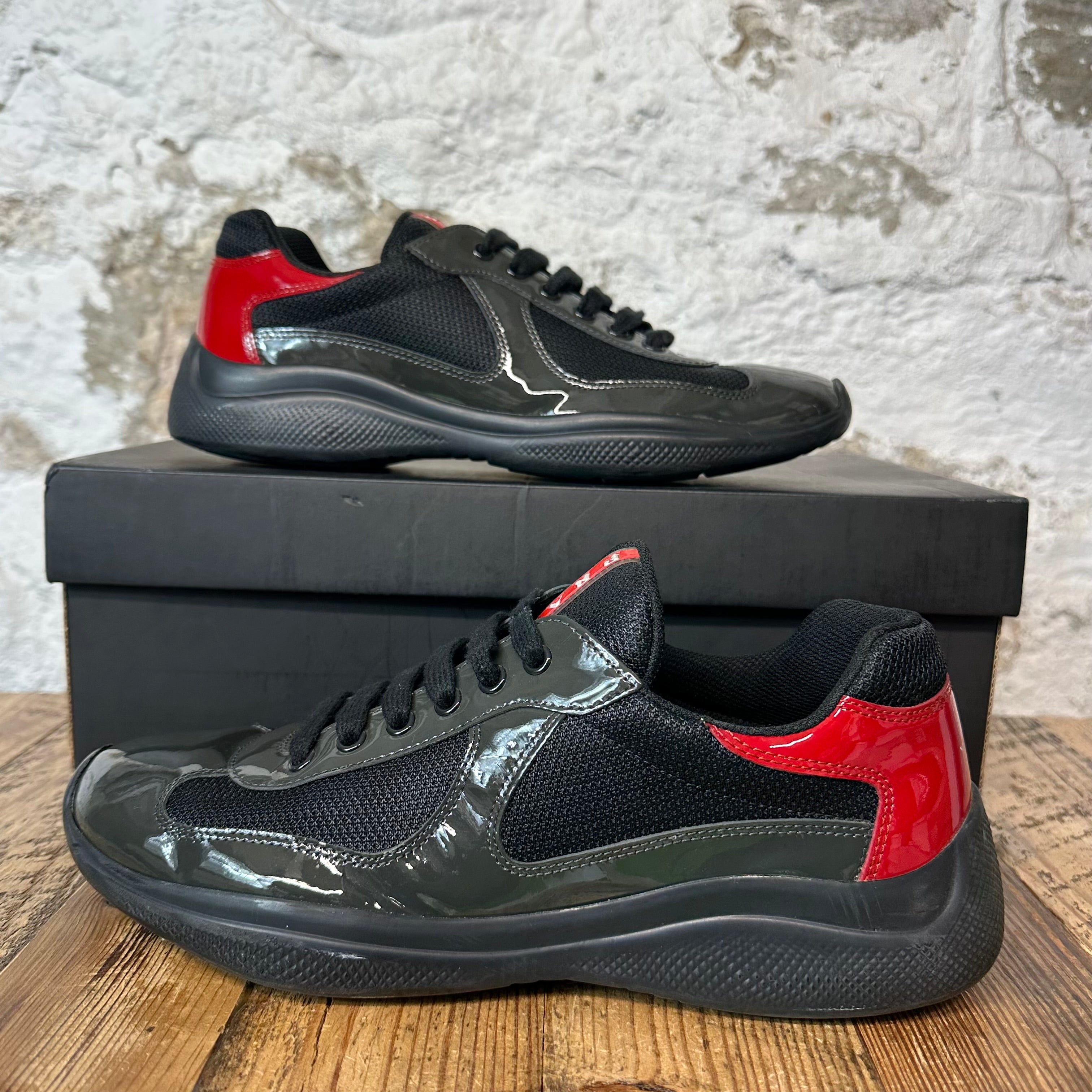Prada Americas Cup Olive Green Red Patent Sneaker Sz 7.5