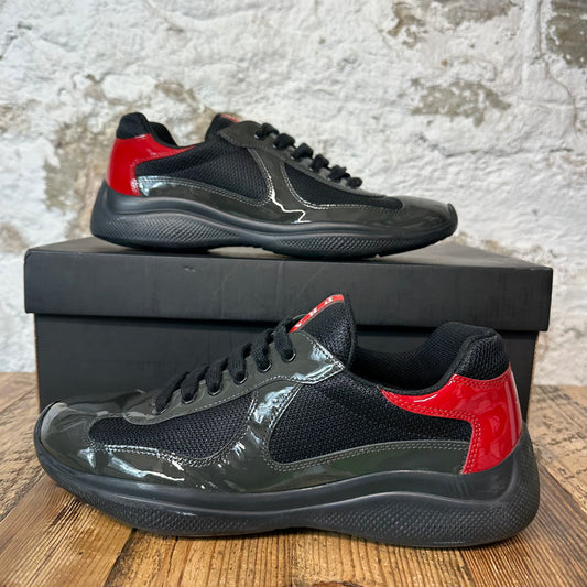Prada Americas Cup Olive Green Red Patent Sneaker Sz 7.5