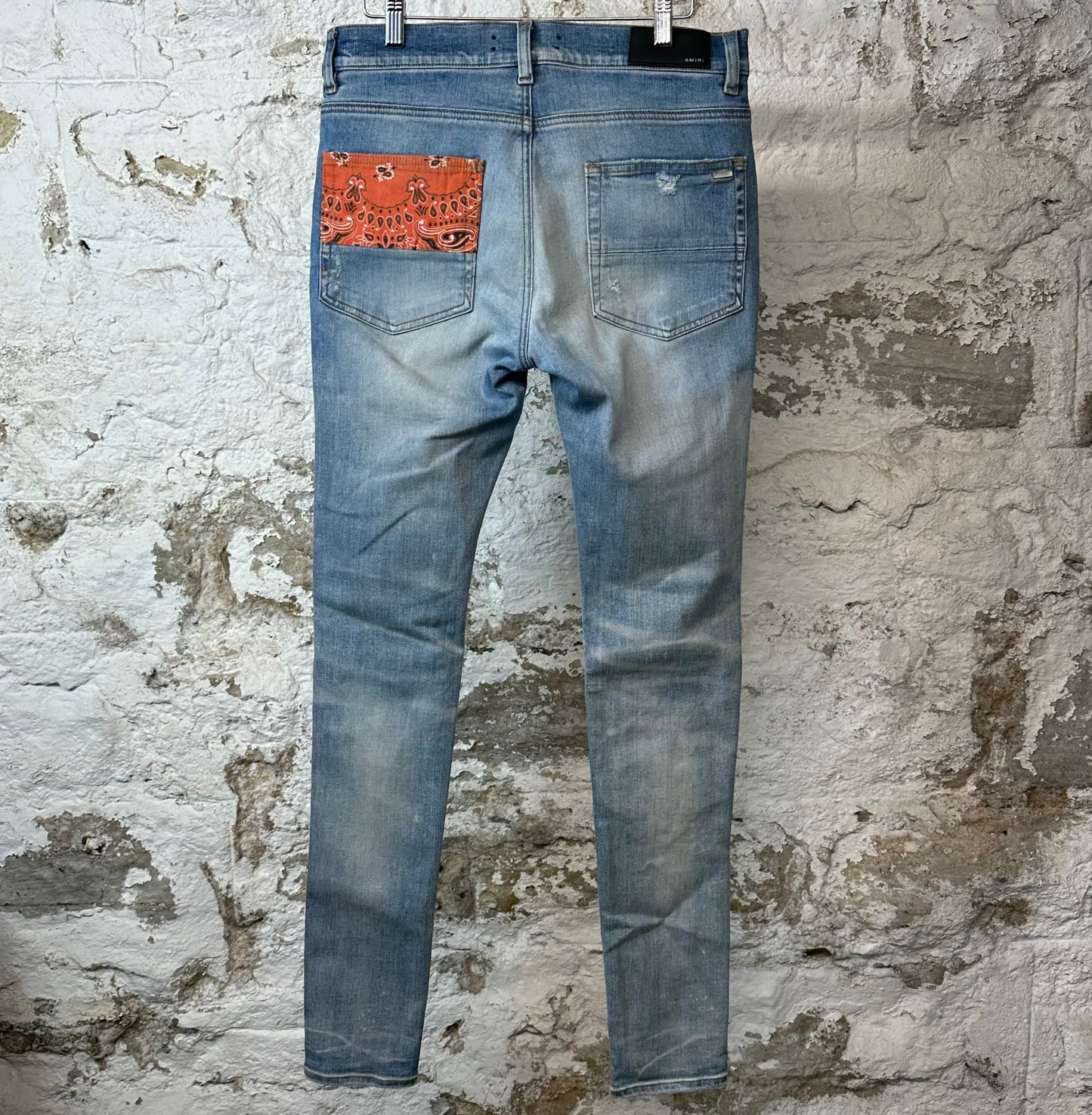 Amiri MX1 Orange Paisley Patches Blue Denim Jeans Sz 31