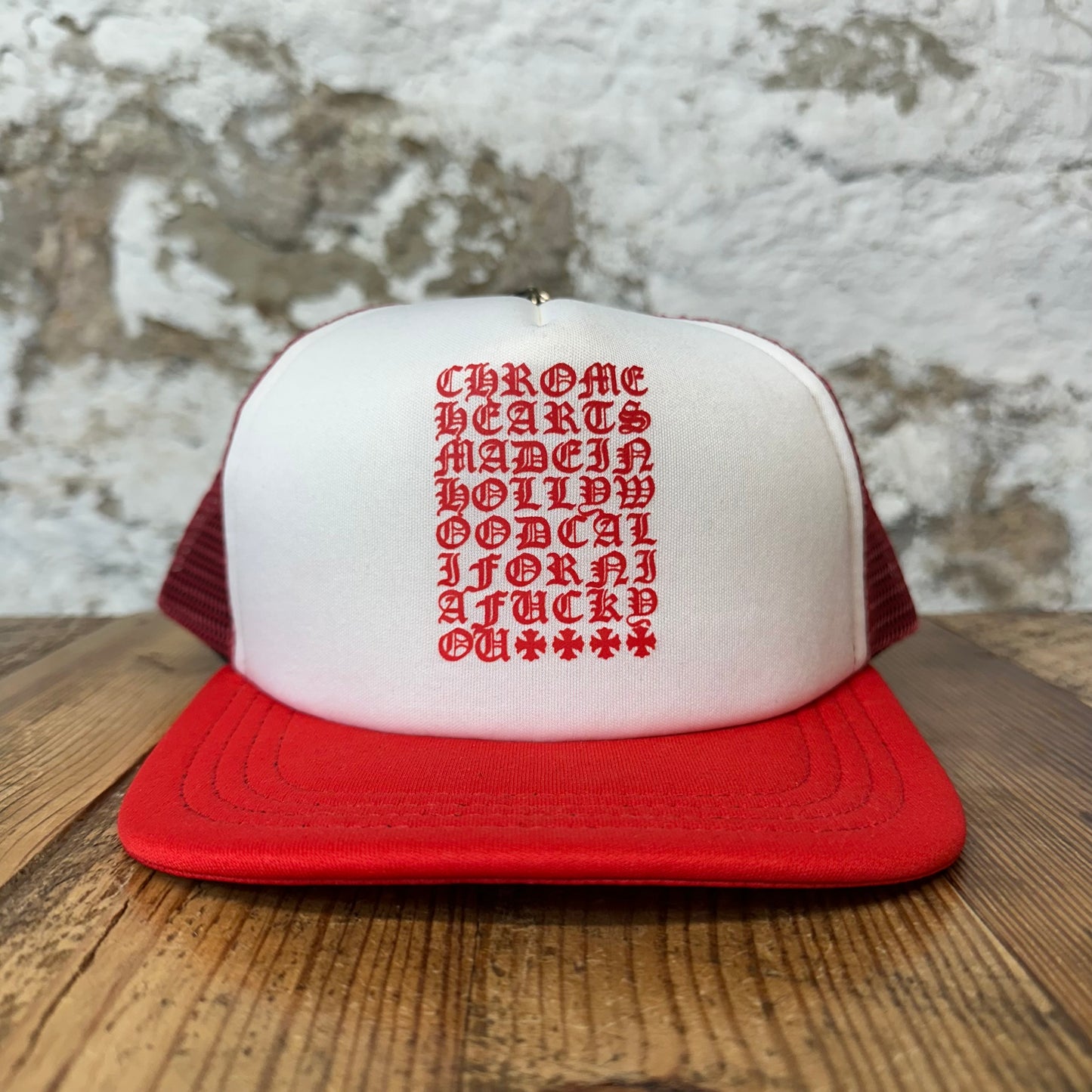 Chrome Hearts Red White Eyechart Trucker Hat