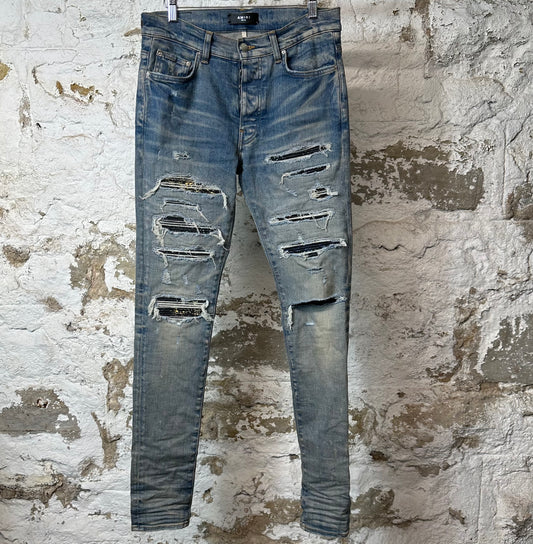 Amiri MX1 Black Multicolor Paisley Blue Denim Jeans Sz 30