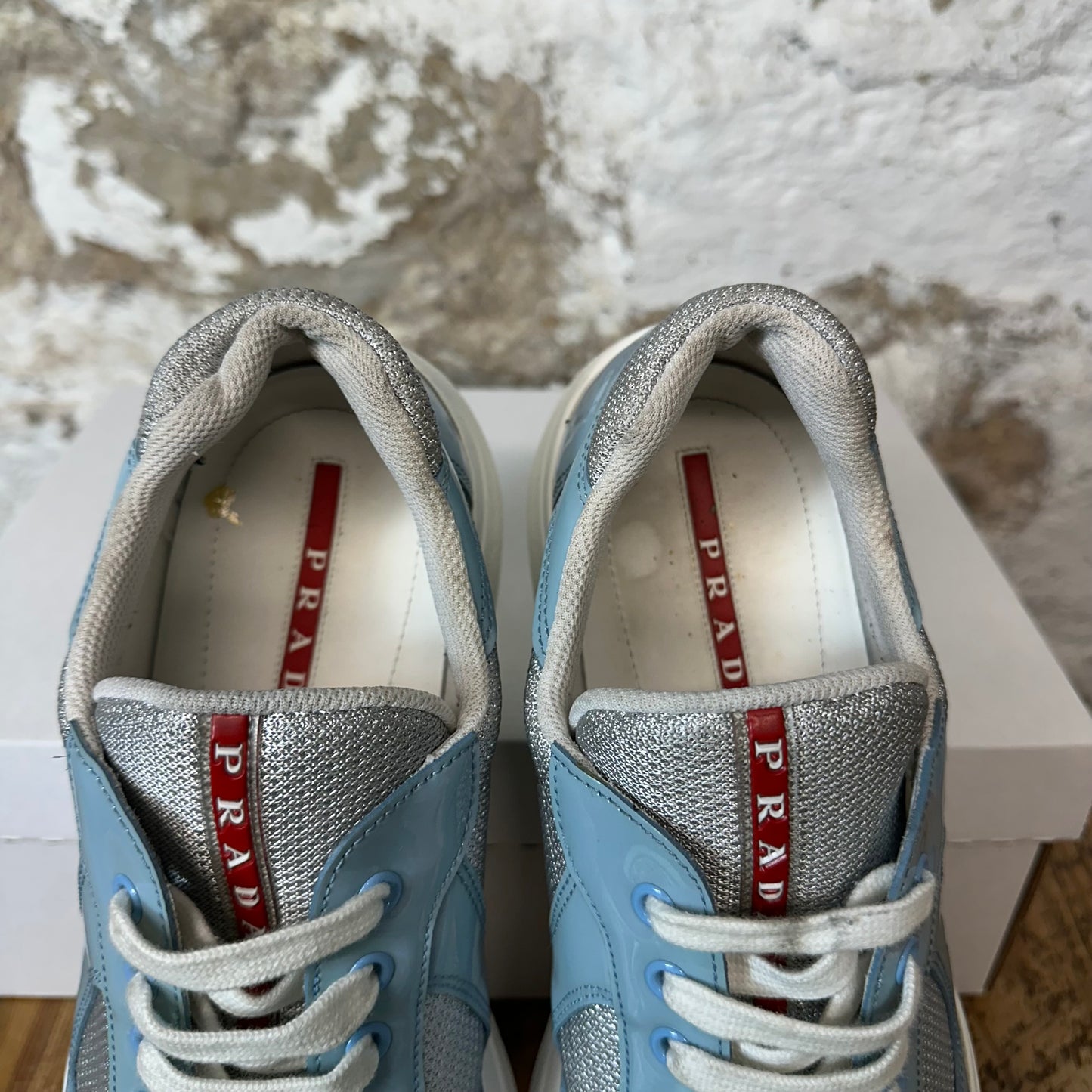 Prada Americas Cup Baby Blue Patent Grey White Sneaker Sz 9