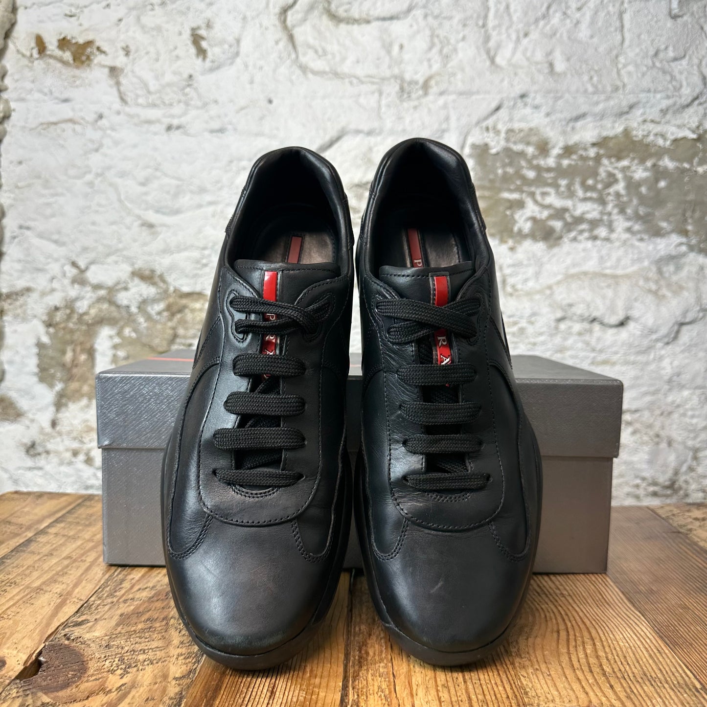 Prada Americas Cup Vintage Black Leather Sneaker Sz 9.5