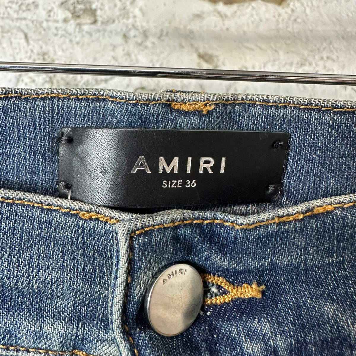 Amiri MX1 Cream Denim Paisley Thrasher Blue Denim Jeans Sz 36