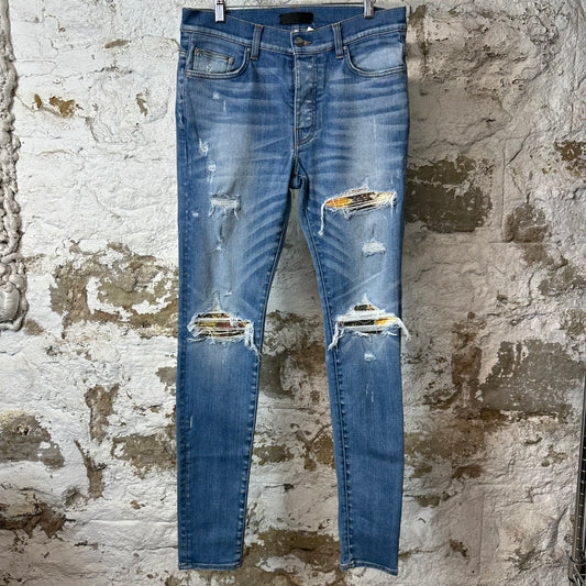 Amiri MX1 Aloha Patch Blue Denim Jeans Sz 32