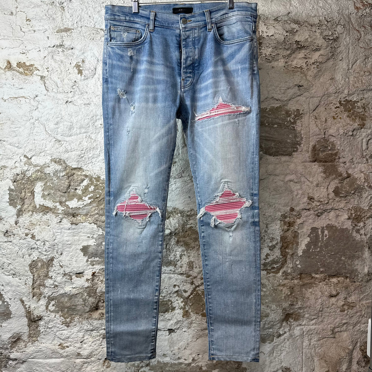 Amiri MX1 Pink Suede Blue Denim Jeans Sz 36