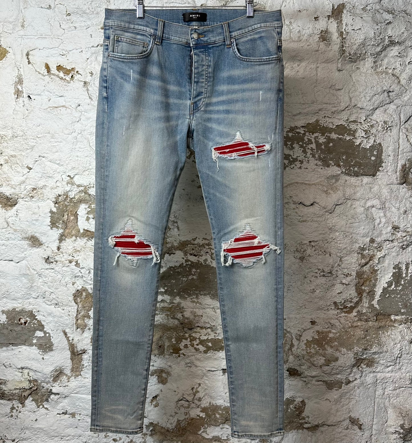 Amiri MX1 Red Suede Blue Denim Jeans Sz 34