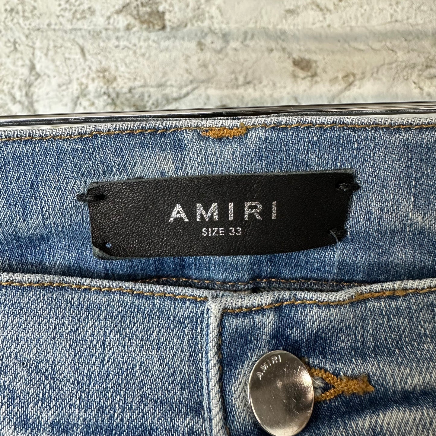 Amiri Distressed Side Spell Blue Denim Jeans Sz 33