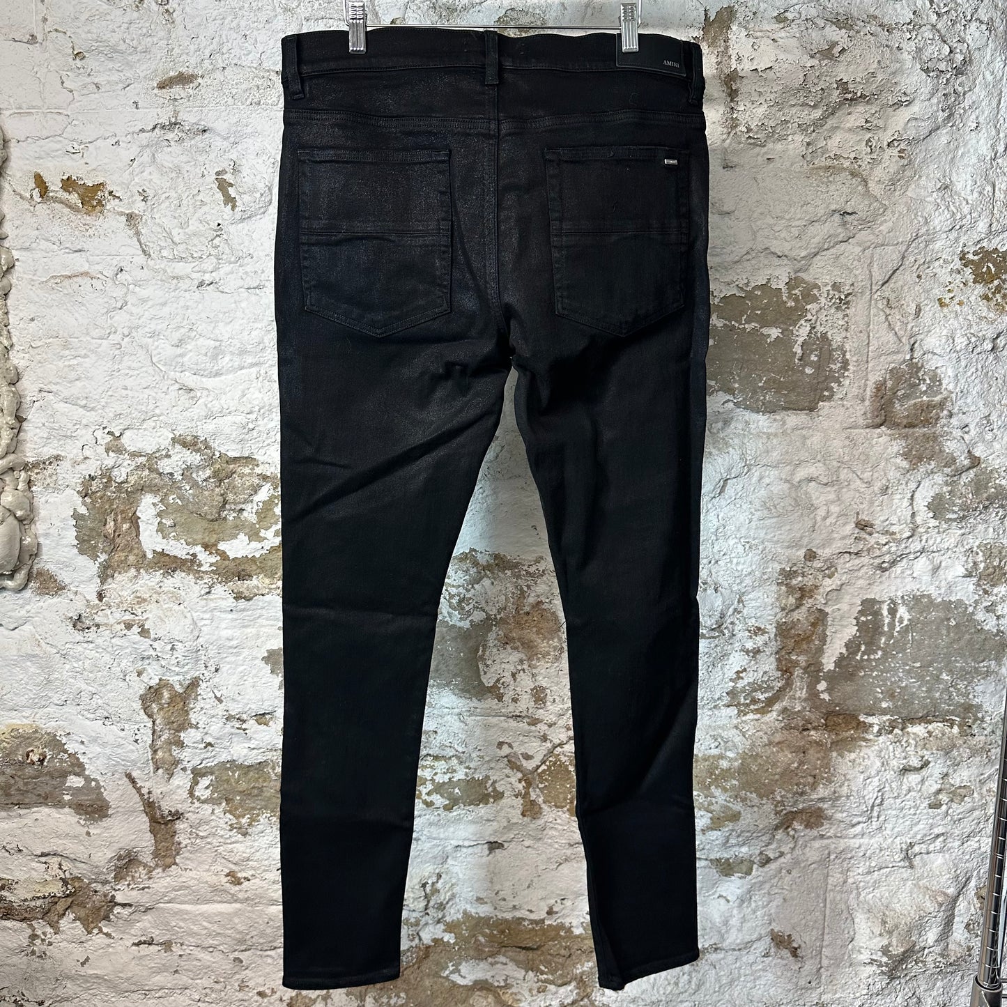 Amiri MX1 Black Leather Black Waxed Denim Jeans Sz 36