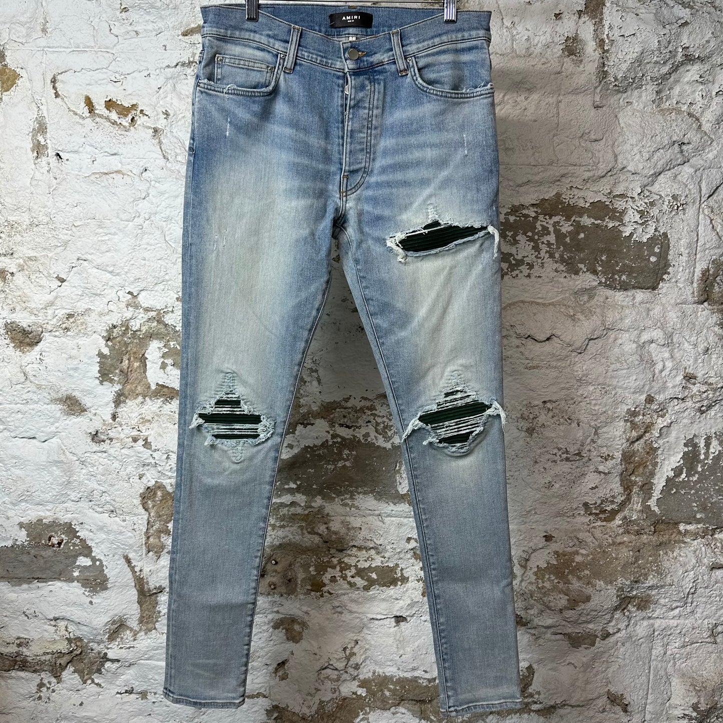 Amiri MX1 Green Suede Blue Denim Jeans Sz 31