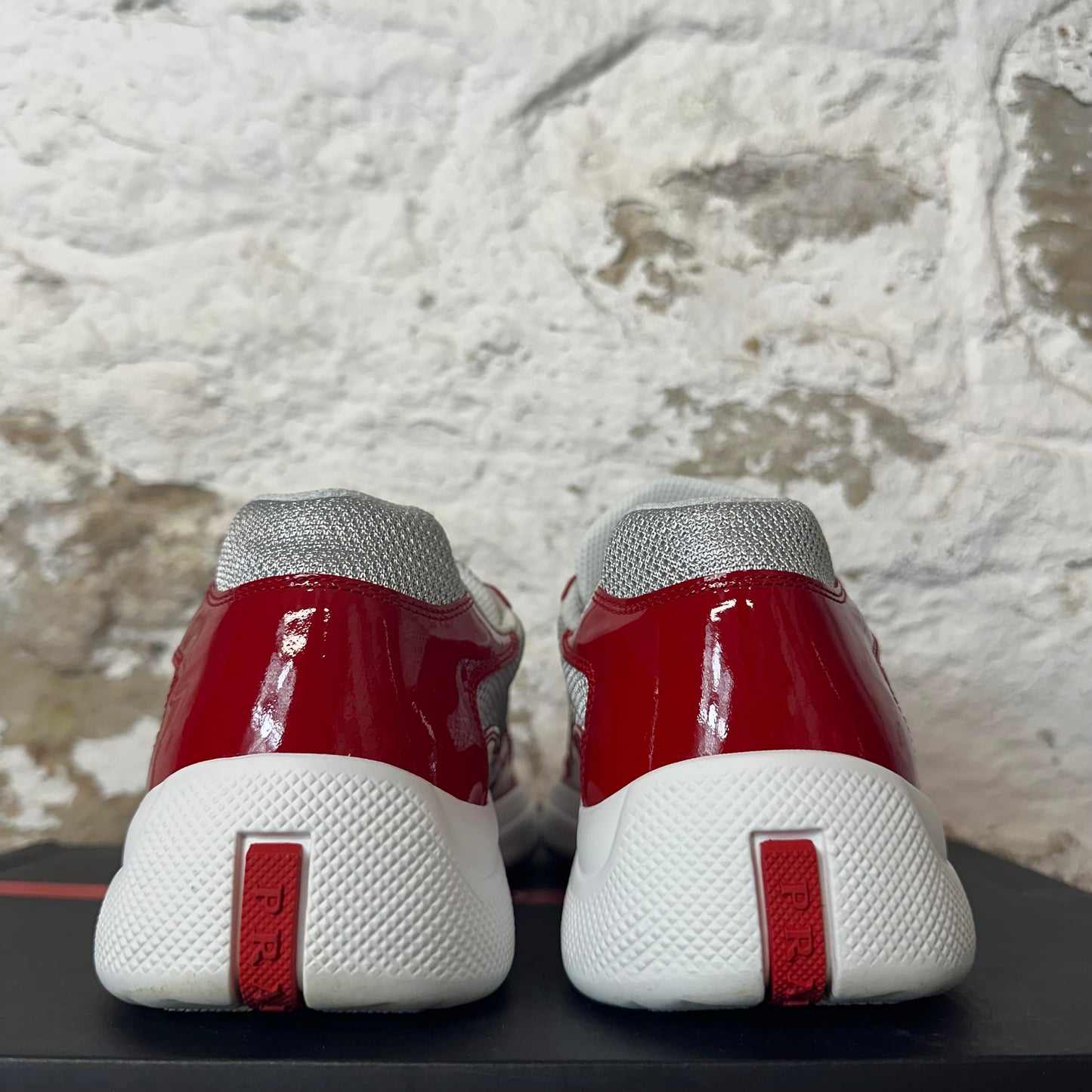 Prada Americas Cup Red Patent Grey White Sneaker Sz 8