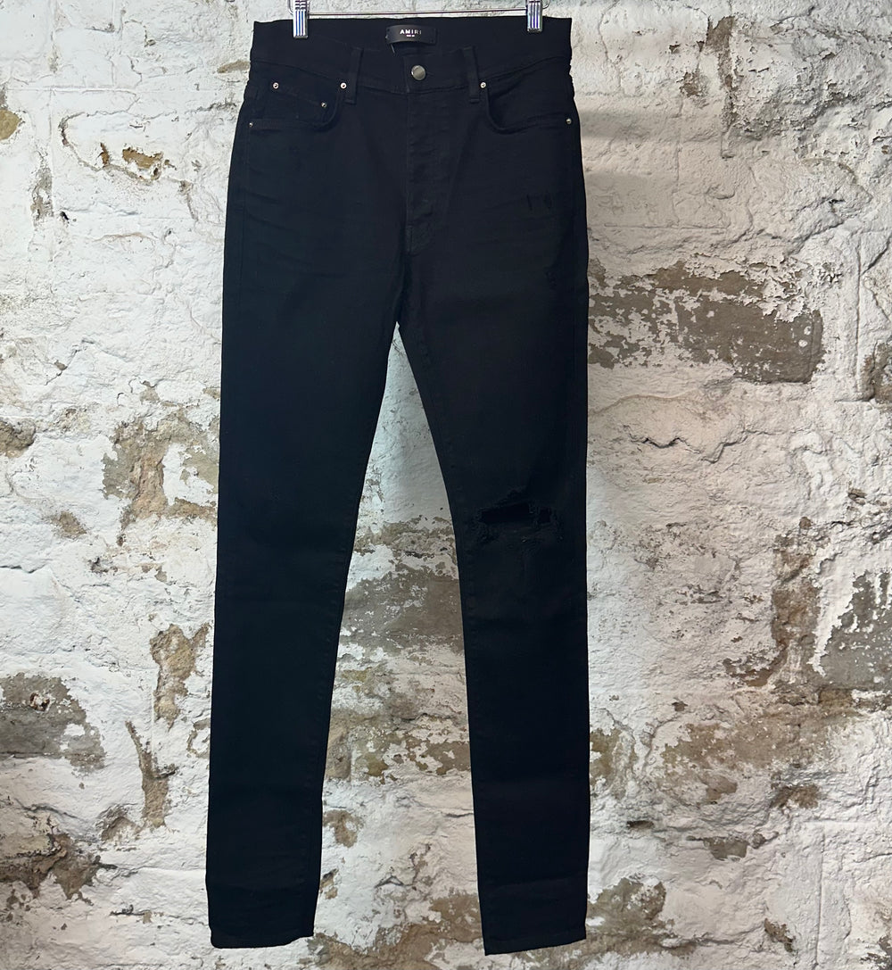 Amiri Knee Hole Plain Black Denim Jeans