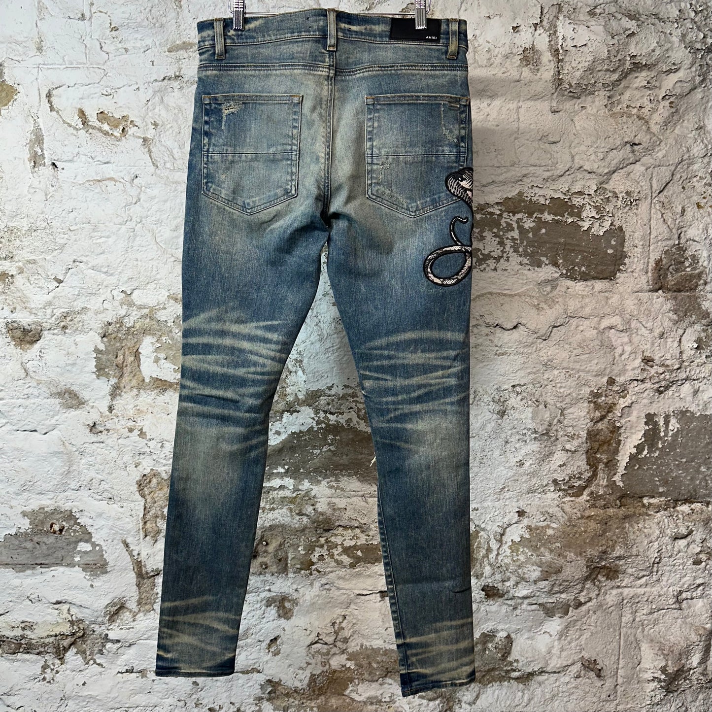 Amiri Black Cobra Distressed Blue Denim Jeans Sz 34