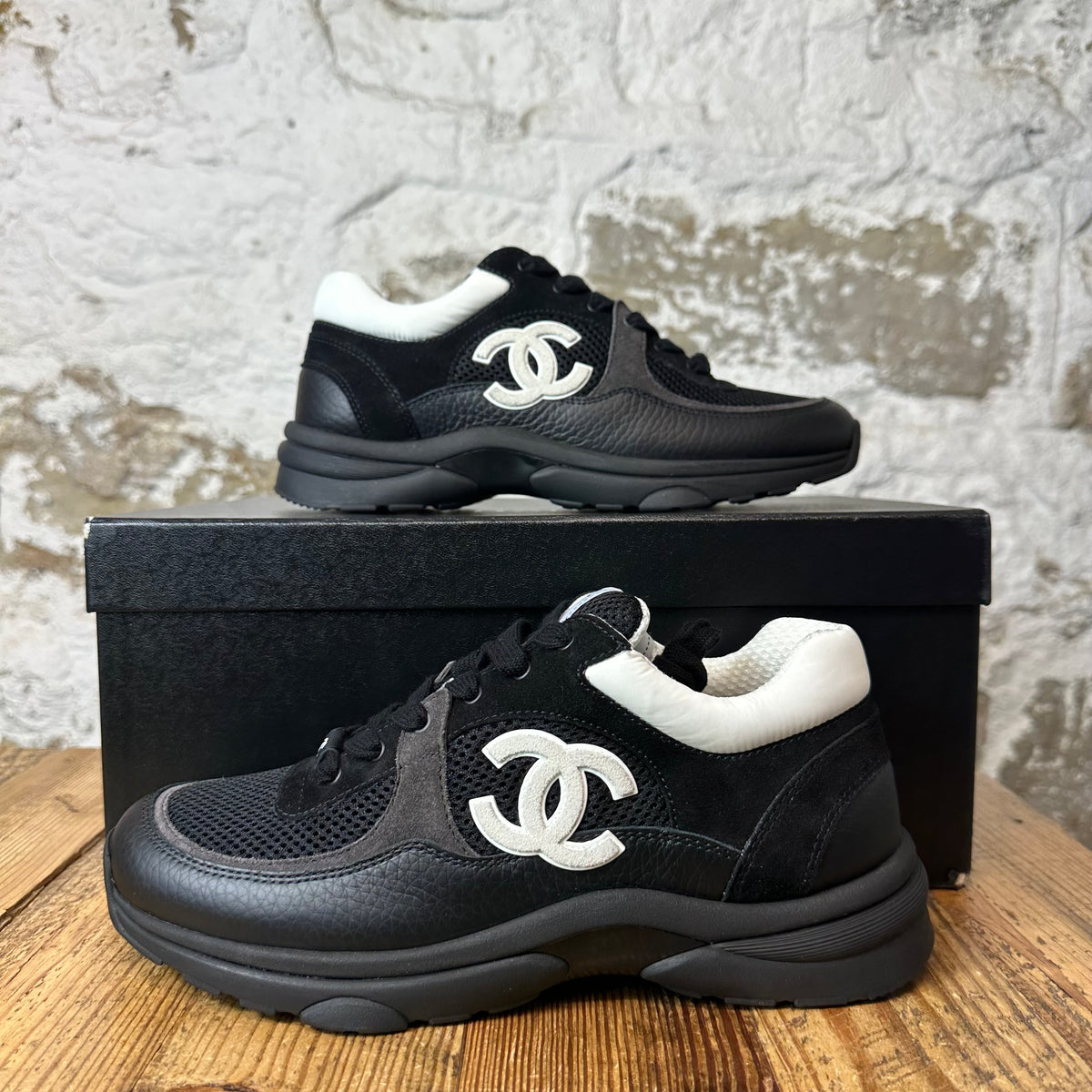 Chanel CC Triple Black Trainer Sneaker Sz 6 (38.5) DS
