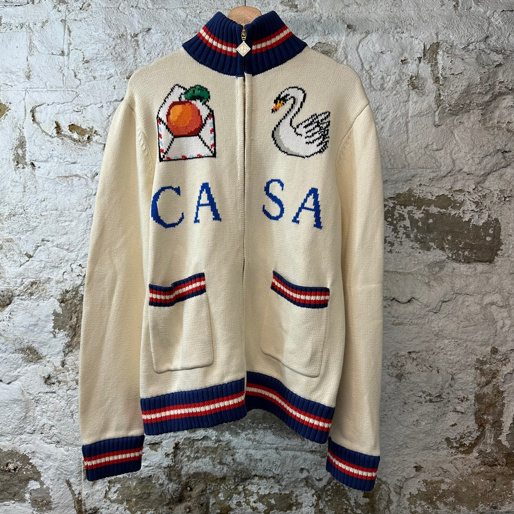 Casablanca Intarsia Swan Knit Zip Up Jacket Cream Sz M