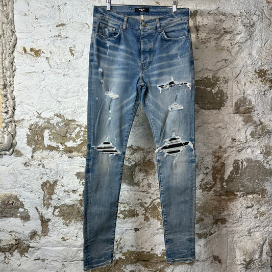 Amiri MX1 Black Leather Blue Denim Jeans Sz 34