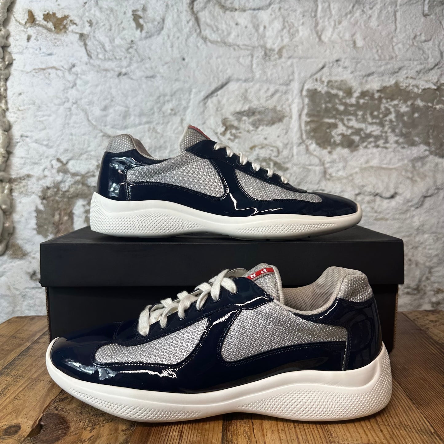 Prada Americas Cup Navy Patent Grey White Sneaker Sz 11